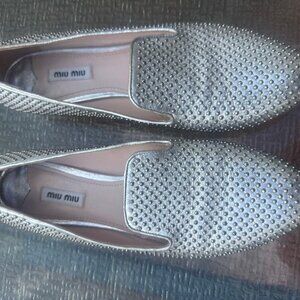 MIU MIU BY PRADA SHOES STUDDED LEATHER SMOKING SLIPPERS LOAFERS, Size 40 / 9.5 M